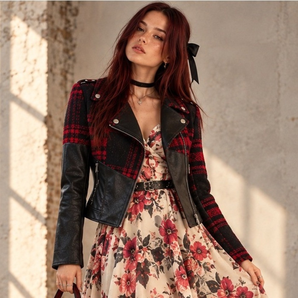 Desigual Red Plaid Faux Leather Moto Jacket Size S